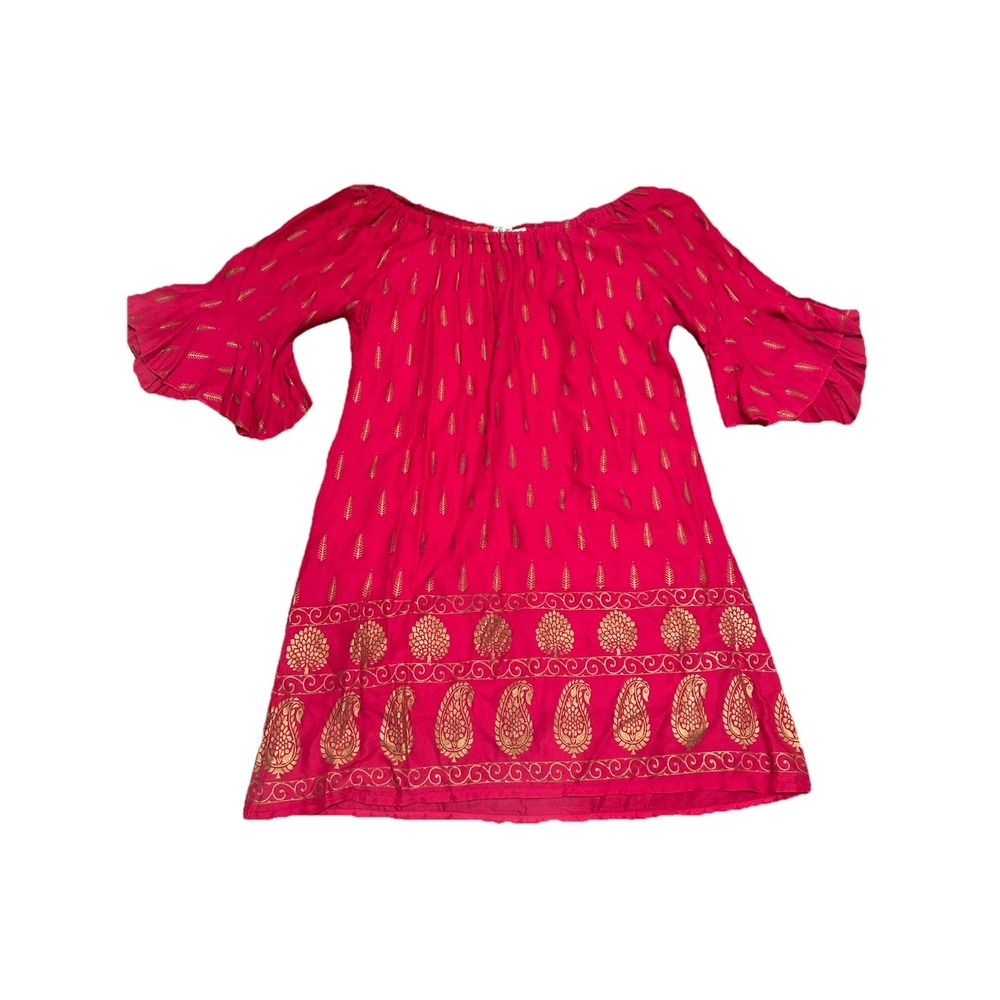 Lapogee dress‎ pink Boho Off Shoulder Flare Sleeve Above Knee Resort Gold Accent